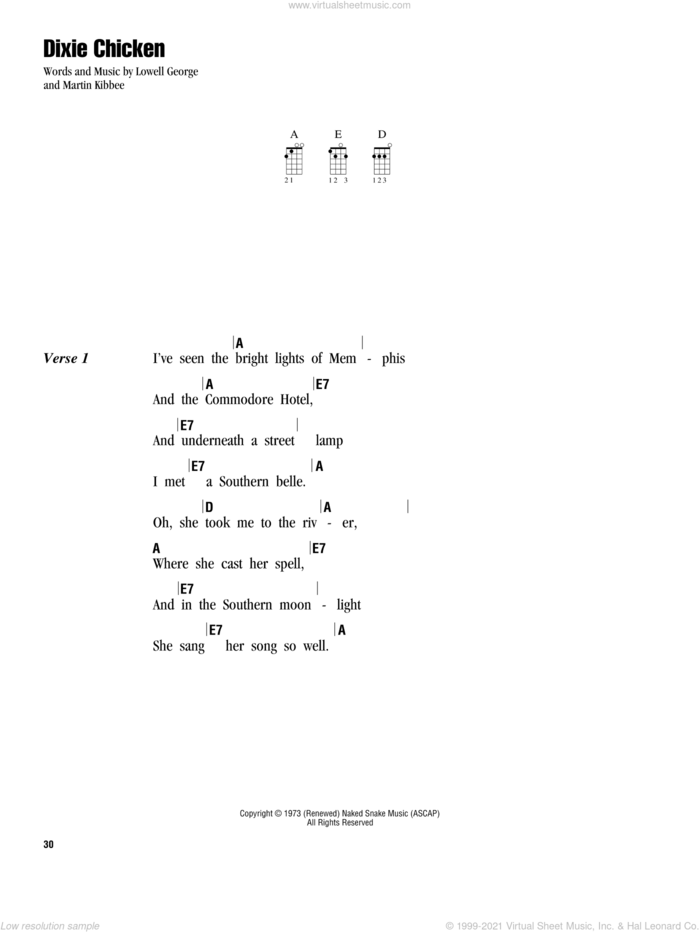 Dixie Chicken sheet music for ukulele (chords) by Little Feat, Lowell George and Martin Kibbee, intermediate skill level