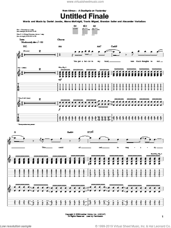 Untitled Finale sheet music for guitar (tablature) by Atreyu, Alexander Varkatzas, Brandon Saller, Daniel Jacobs, Marco McKnight and Travis Miguel, intermediate skill level