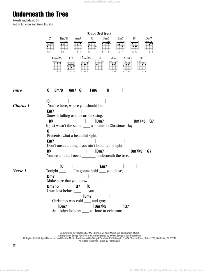 Underneath The Tree sheet music for guitar (chords) by Kelly Clarkson and Greg Kurstin, intermediate skill level