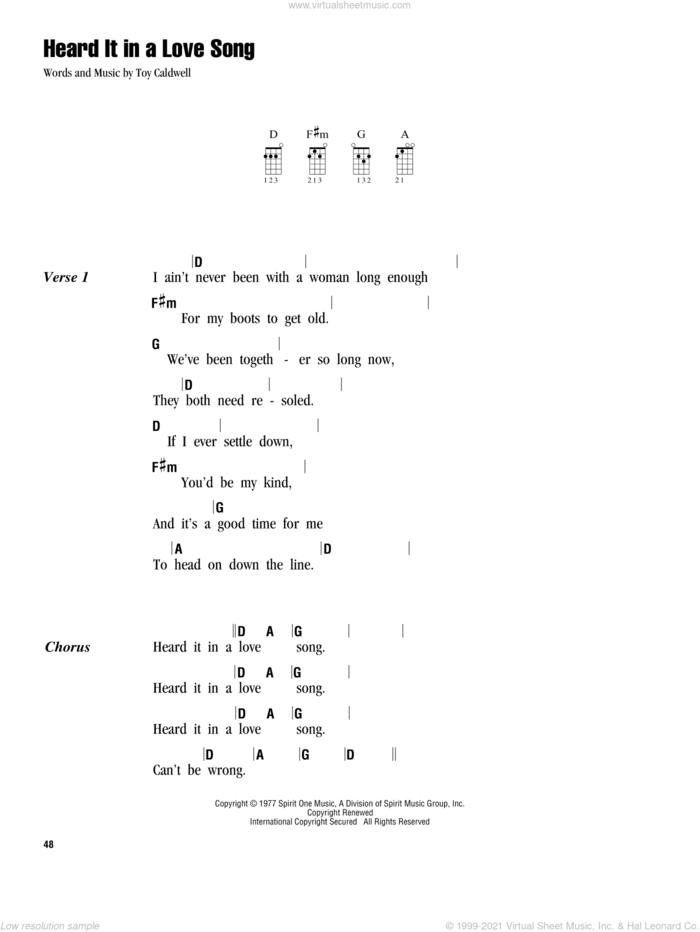 Heard It In A Love Song sheet music for ukulele (chords) by Marshall Tucker Band and Toy Caldwell, intermediate skill level