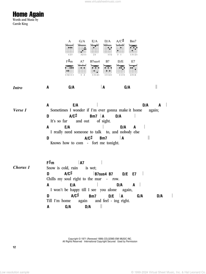 Home Again sheet music for guitar (chords) by Carole King, intermediate skill level