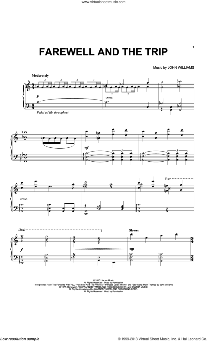 Farewell And The Trip sheet music for piano solo by John Williams, intermediate skill level