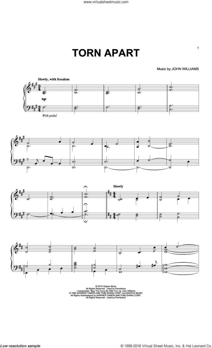 Torn Apart sheet music for piano solo by John Williams, intermediate skill level