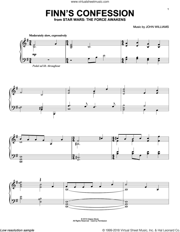 Finn's Confession sheet music for piano solo by John Williams, intermediate skill level