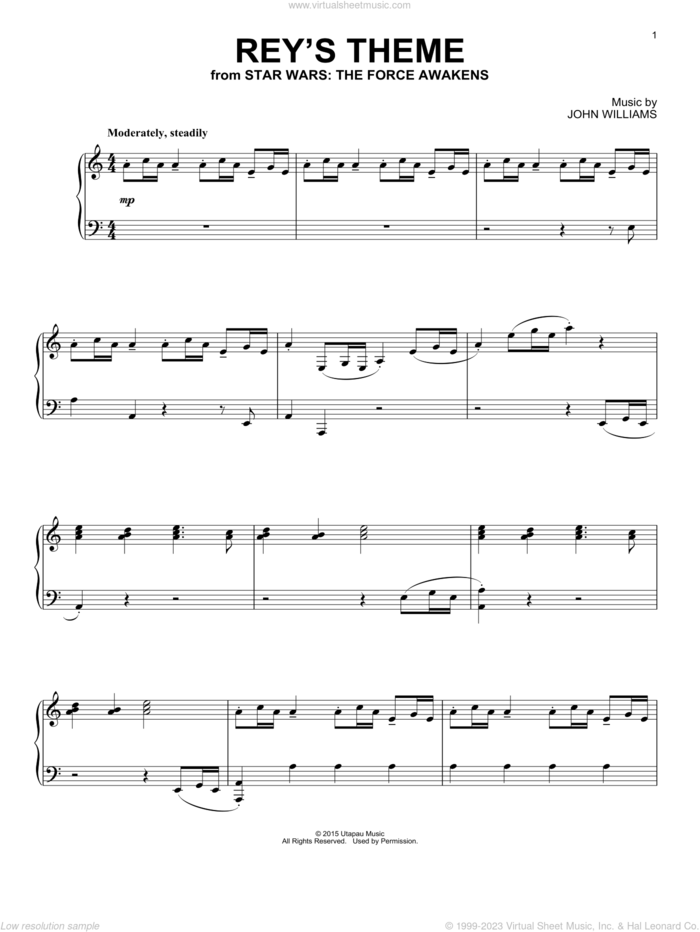 Rey's Theme sheet music for piano solo by John Williams, intermediate skill level