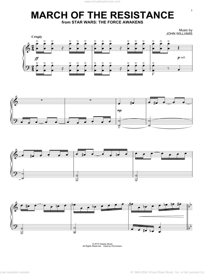 March Of The Resistance, (intermediate) sheet music for piano solo by John Williams, intermediate skill level