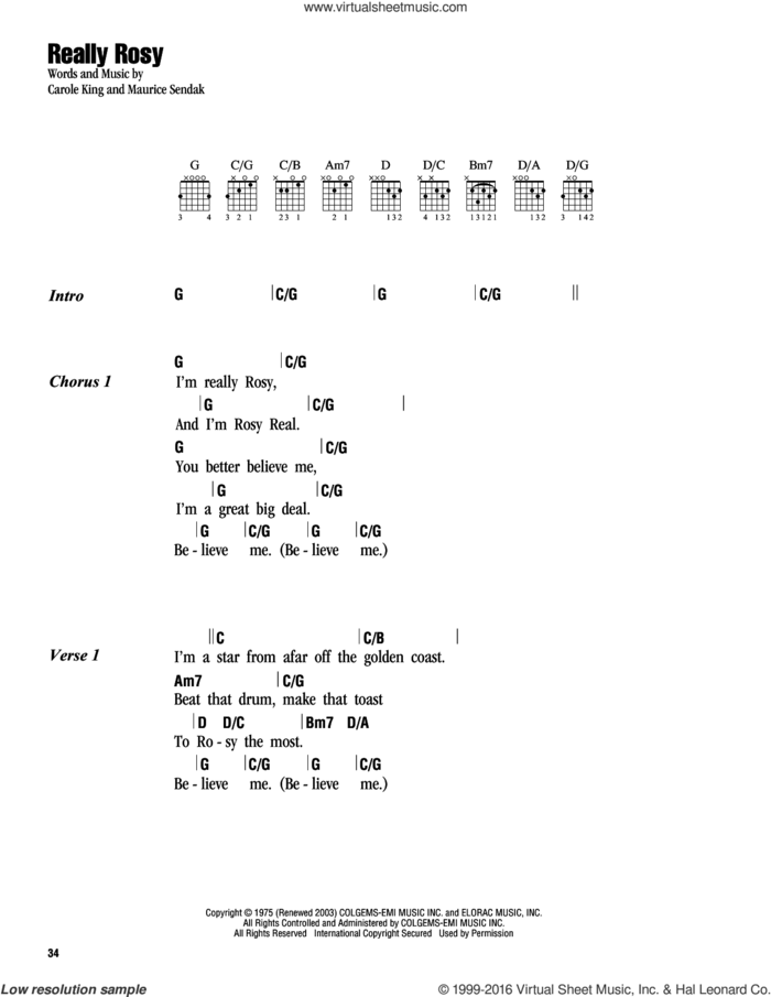 Really Rosy sheet music for guitar (chords) by Carole King and Maurice Sendak, intermediate skill level