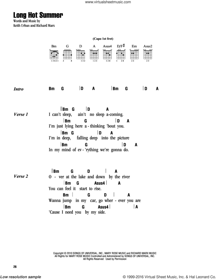 Long Hot Summer sheet music for guitar (chords) by Keith Urban and Richard Marx, intermediate skill level