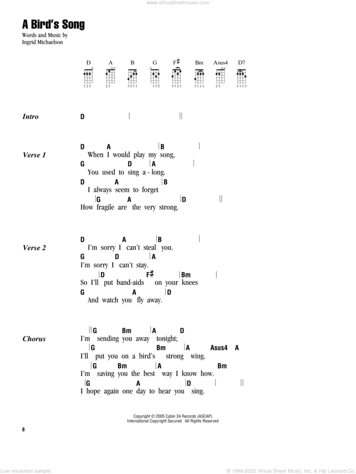 A Bird's Song sheet music for ukulele (chords) by Ingrid Michaelson, intermediate skill level