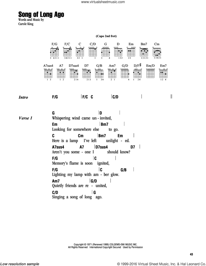 Song Of Long Ago sheet music for guitar (chords) by Carole King, intermediate skill level