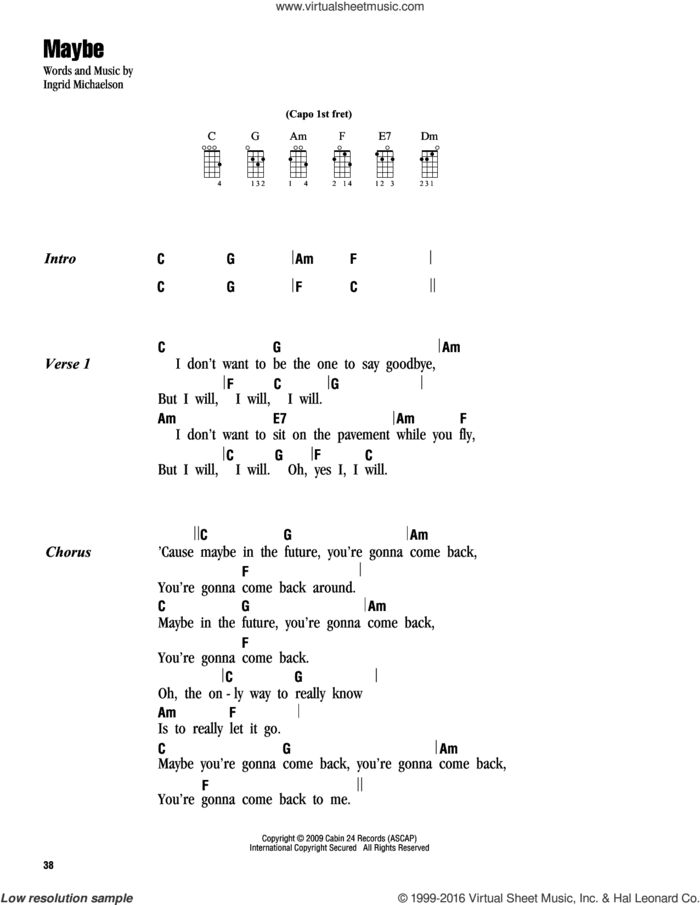 Maybe sheet music for ukulele (chords) by Ingrid Michaelson, intermediate skill level