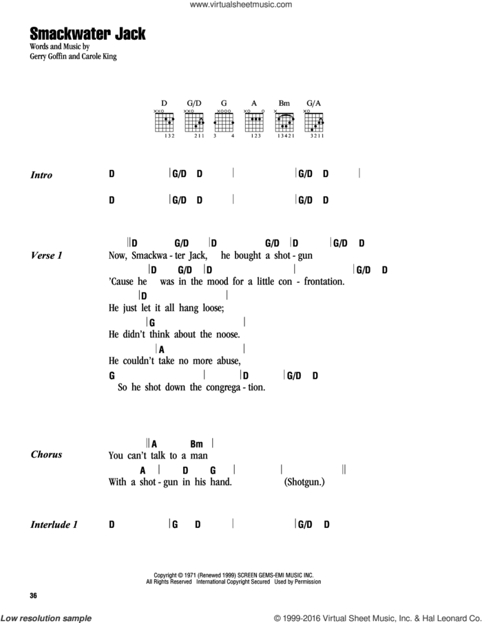 Smackwater Jack sheet music for guitar (chords) by Carole King and Gerry Goffin, intermediate skill level