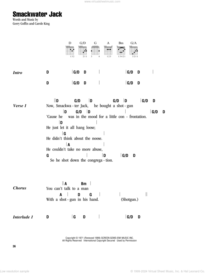 Smackwater Jack sheet music for guitar (chords) by Carole King and Gerry Goffin, intermediate skill level