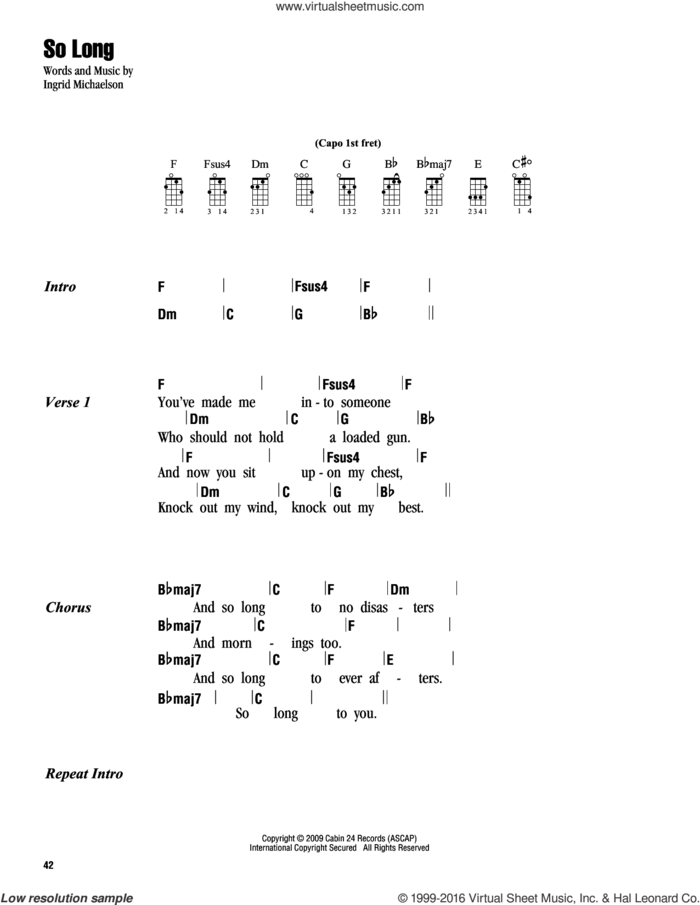 So Long sheet music for ukulele (chords) by Ingrid Michaelson, intermediate skill level