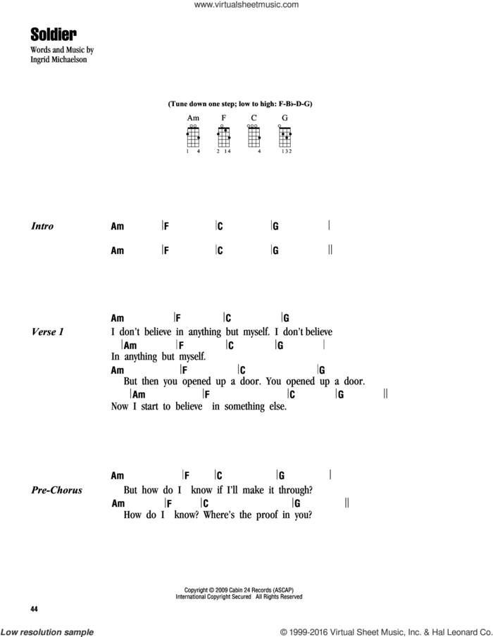 Soldier sheet music for ukulele (chords) by Ingrid Michaelson, intermediate skill level