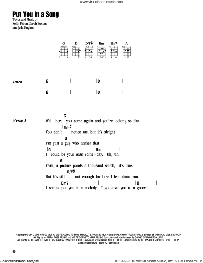 Put You In A Song sheet music for guitar (chords) by Keith Urban, Jedd Hughes and Sarah Buxton, intermediate skill level