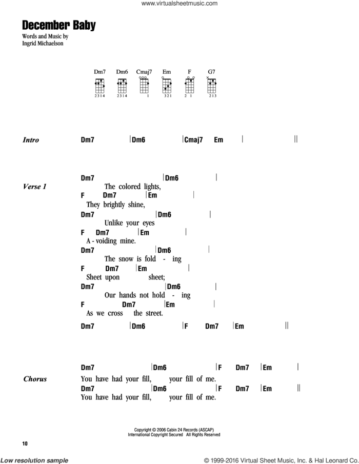 December Baby sheet music for ukulele (chords) by Ingrid Michaelson, intermediate skill level