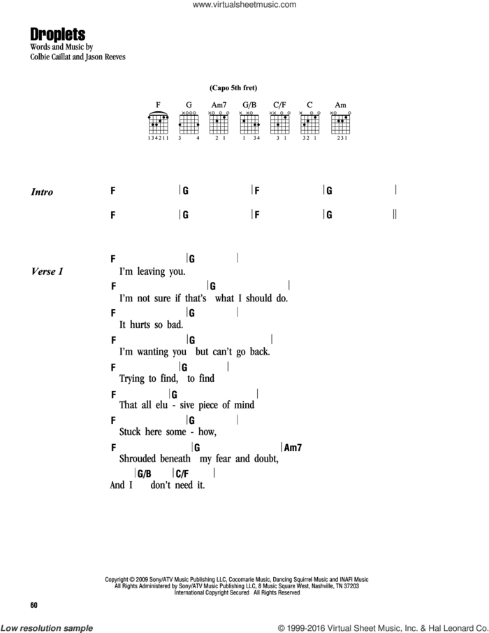 Droplets sheet music for guitar (chords) by Colbie Caillat and Jason Reeves, intermediate skill level