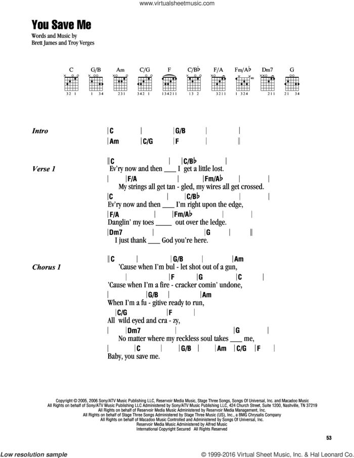 You Save Me sheet music for guitar (chords) by Kenny Chesney, Brett James and Troy Verges, intermediate skill level