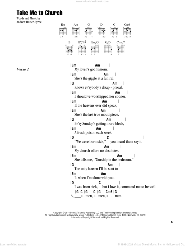 Take Me To Church sheet music for guitar (chords) by Hozier and Andrew Hozier-Byrne, intermediate skill level