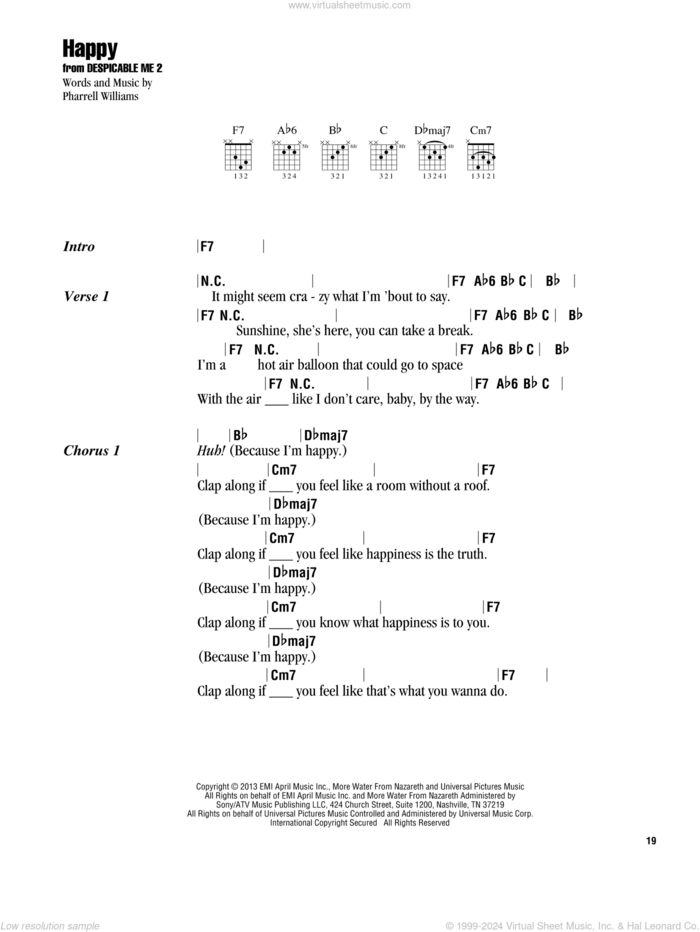 Happy sheet music for guitar (chords) by Pharrell and Pharrell Williams, intermediate skill level