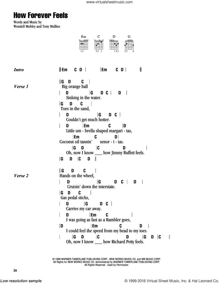 How Forever Feels sheet music for guitar (chords) by Kenny Chesney, Tony Mullins and Wendell Mobley, intermediate skill level