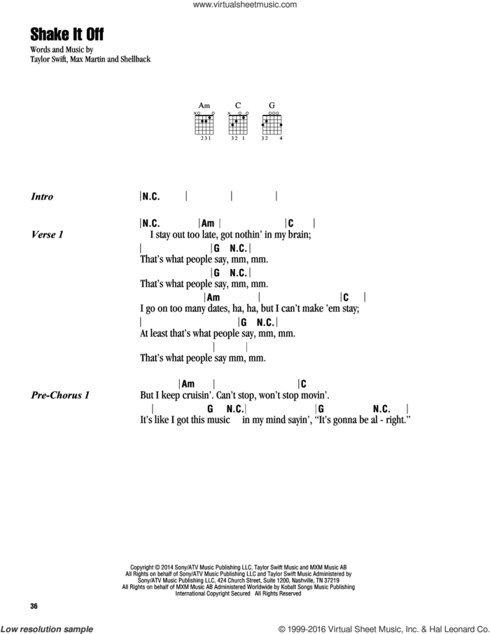Shake It Off sheet music for guitar (chords) by Taylor Swift, Johan Schuster, Max Martin and Shellback, intermediate skill level