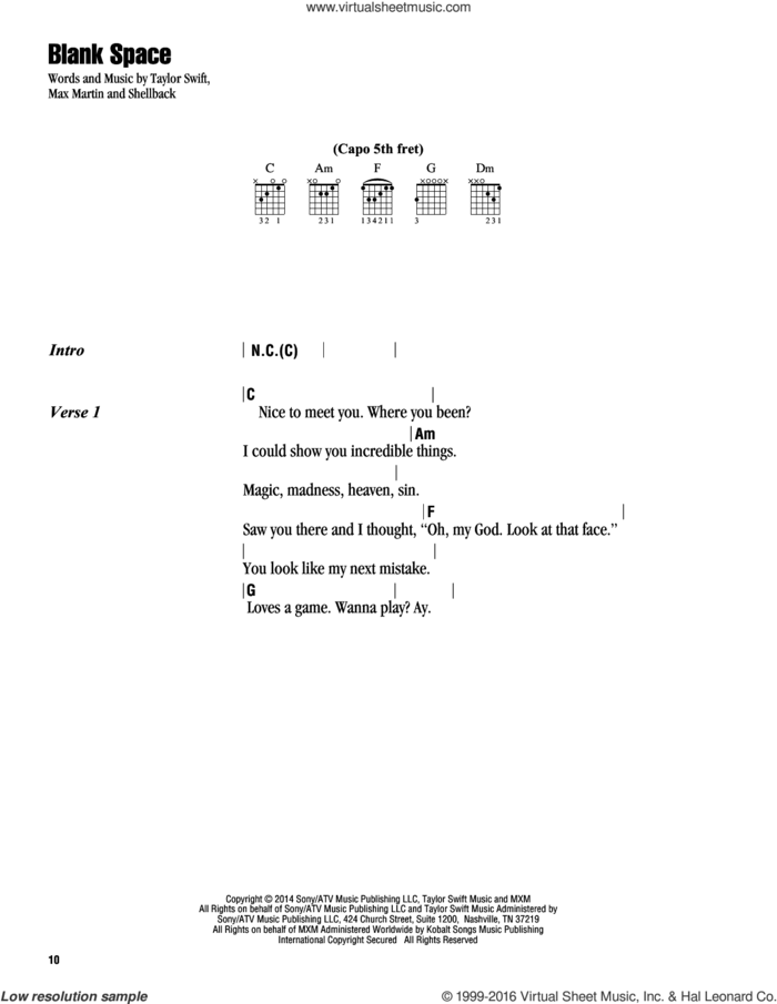 Blank Space sheet music for guitar (chords) by Taylor Swift, Johan Schuster, Max Martin and Shellback, intermediate skill level