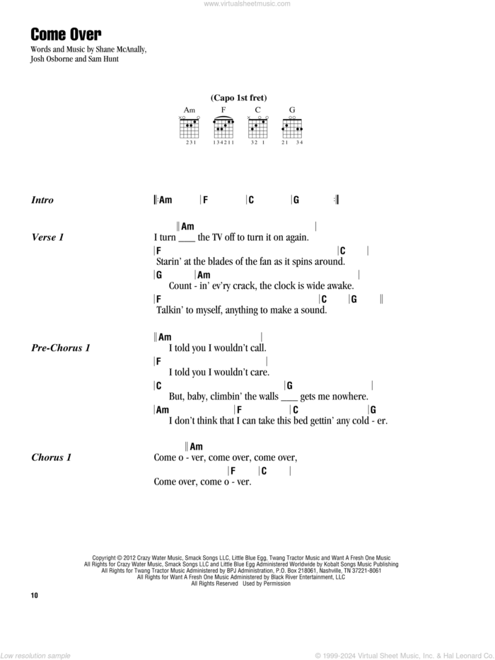 Come Over sheet music for guitar (chords) by Kenny Chesney, Josh Osborne, Sam Hunt and Shane McAnally, intermediate skill level