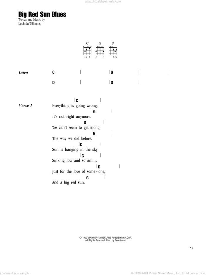 Big Red Sun Blues sheet music for guitar (chords) by Lucinda Williams, intermediate skill level