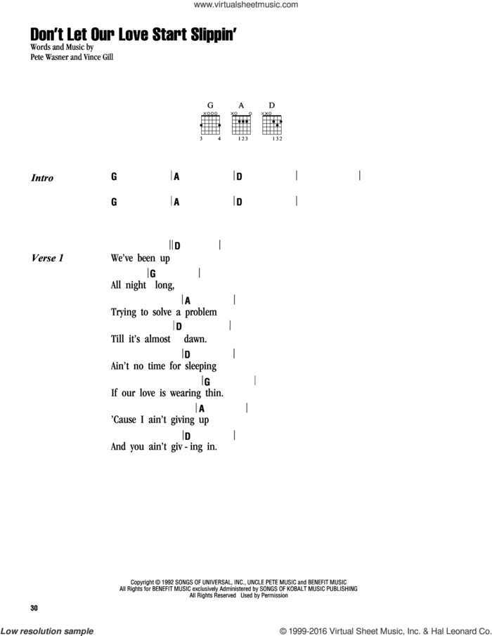 Don't Let Our Love Start Slippin' sheet music for guitar (chords) by Vince Gill and Pete Wasner, intermediate skill level
