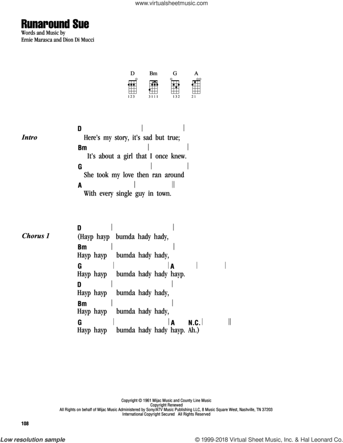 Runaround Sue sheet music for ukulele (chords) by Dion, Dion Di Mucci and Ernie Maresca, intermediate skill level