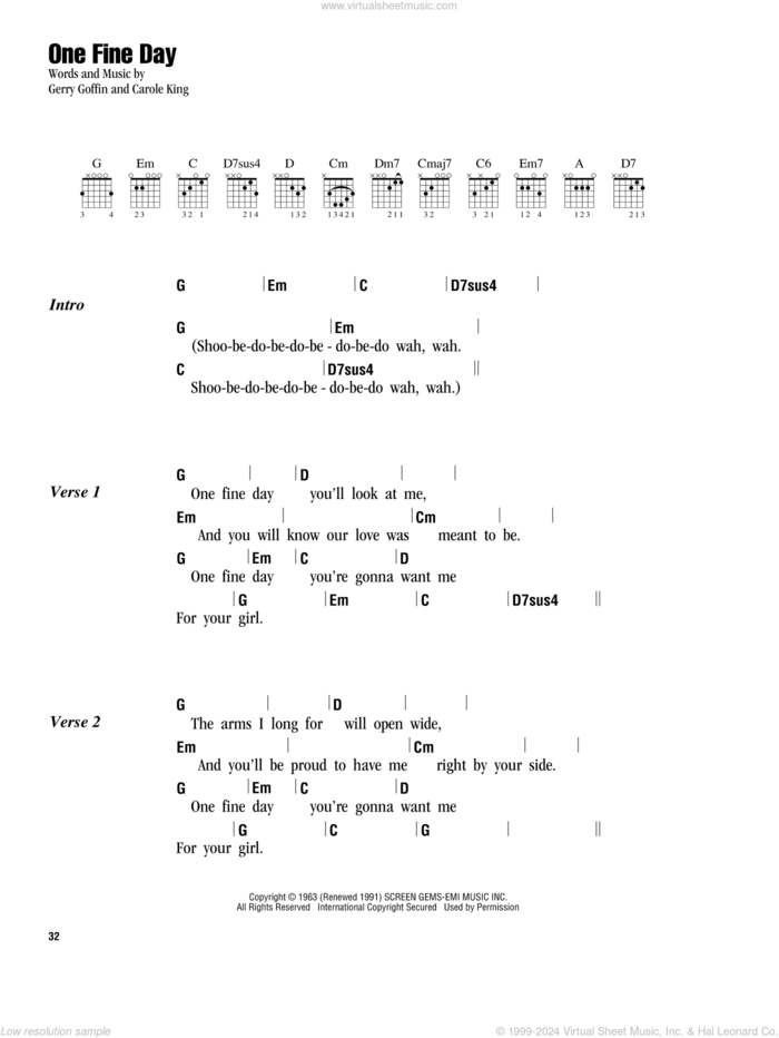 One Fine Day sheet music for guitar (chords) by Carole King, Rita Coolidge, The Chiffons and Gerry Goffin, intermediate skill level