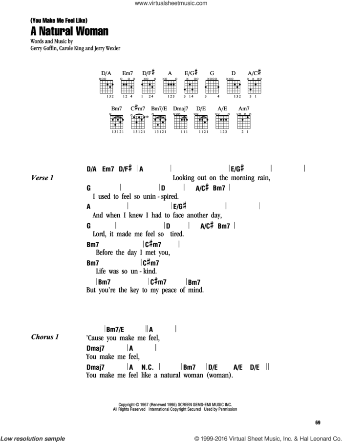 (You Make Me Feel Like) A Natural Woman sheet music for guitar (chords) by Carole King, Aretha Franklin, Celine Dion, Mary J. Blige, Gerry Goffin and Jerry Wexler, intermediate skill level