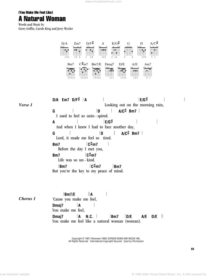 (You Make Me Feel Like) A Natural Woman sheet music for guitar (chords) by Carole King, Aretha Franklin, Celine Dion, Mary J. Blige, Gerry Goffin and Jerry Wexler, intermediate skill level