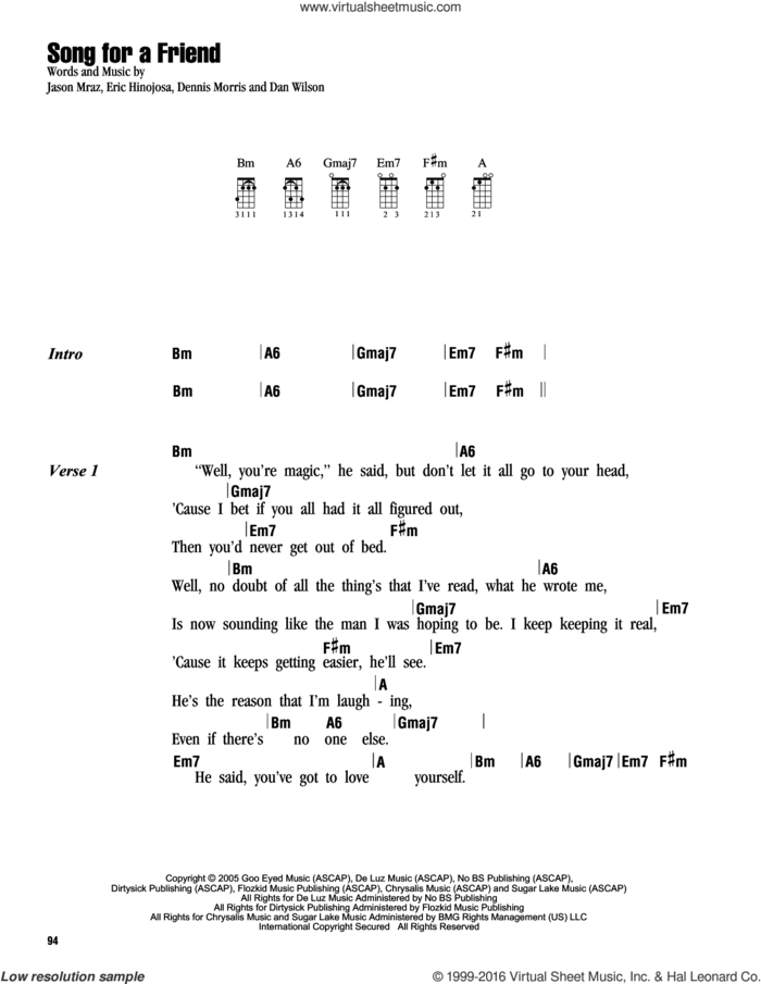 Song For A Friend sheet music for ukulele (chords) by Jason Mraz, Dan Wilson, Dennis Morris and Eric Hinojosa, intermediate skill level