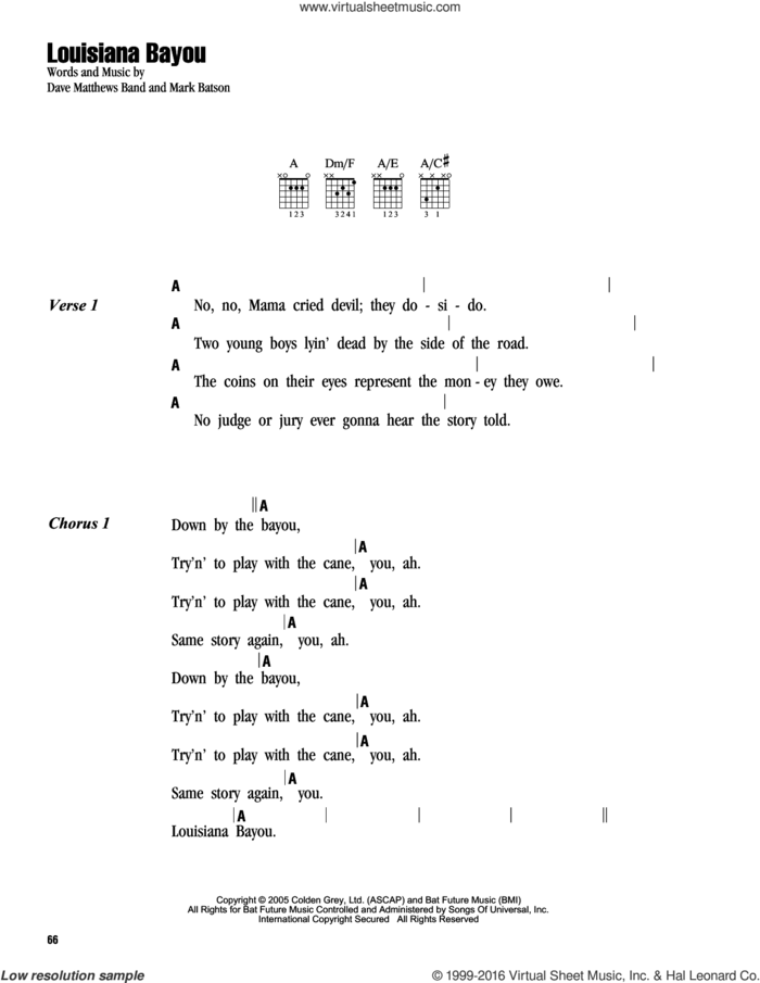 Louisiana Bayou sheet music for guitar (chords) by Dave Matthews Band and Mark Batson, intermediate skill level