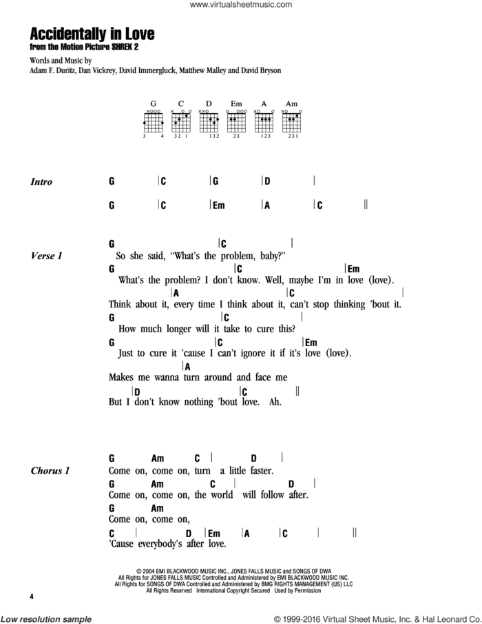 Accidentally In Love sheet music for guitar (chords) by Counting Crows, Adam Duritz, Dan Vickrey, David Bryson, David Immergluck and Matthew Malley, intermediate skill level