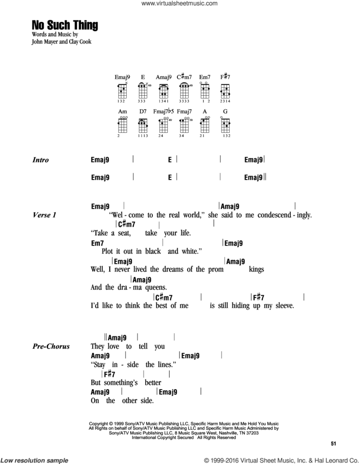 No Such Thing sheet music for ukulele (chords) by John Mayer and Clay Cook, intermediate skill level