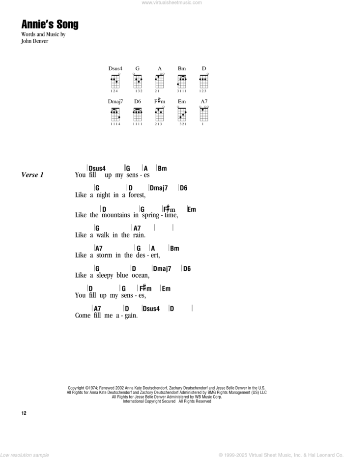 Annie's Song sheet music for ukulele (chords) by John Denver, intermediate skill level