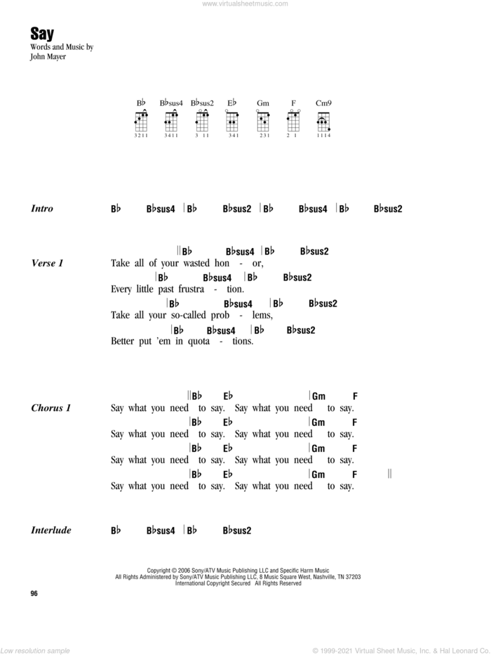 Say sheet music for ukulele (chords) by John Mayer, intermediate skill level