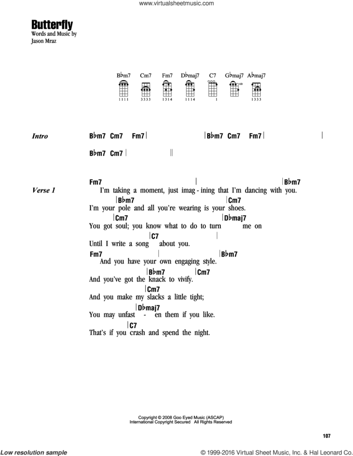 Butterfly sheet music for ukulele (chords) by Jason Mraz, intermediate skill level