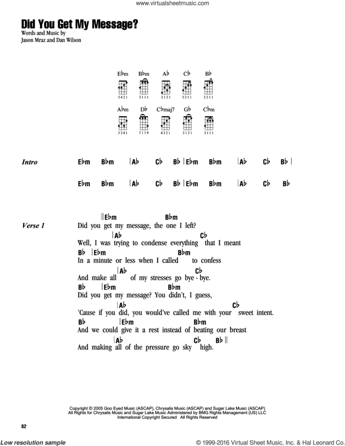 Did You Get My Message? sheet music for ukulele (chords) by Jason Mraz and Dan Wilson, intermediate skill level