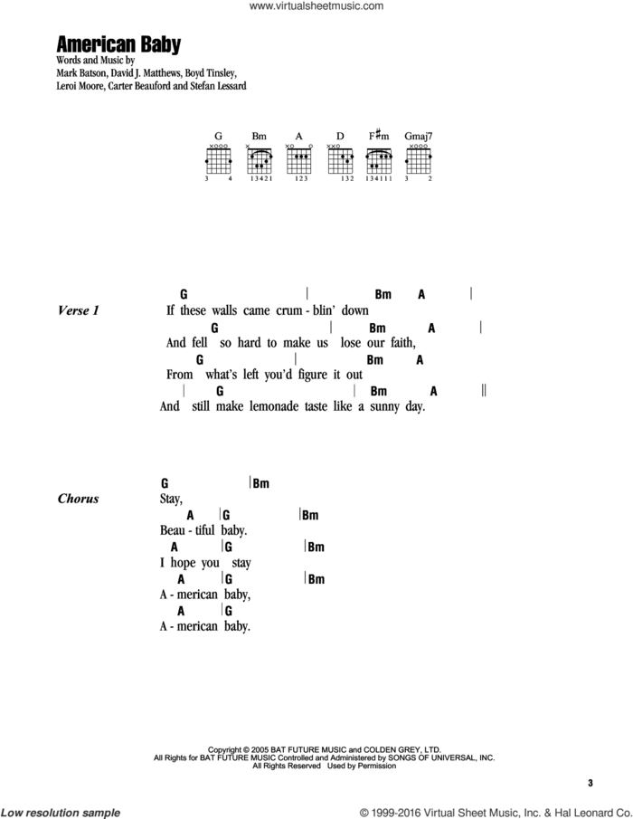 American Baby sheet music for guitar (chords) by Dave Matthews Band and Mark Batson, intermediate skill level