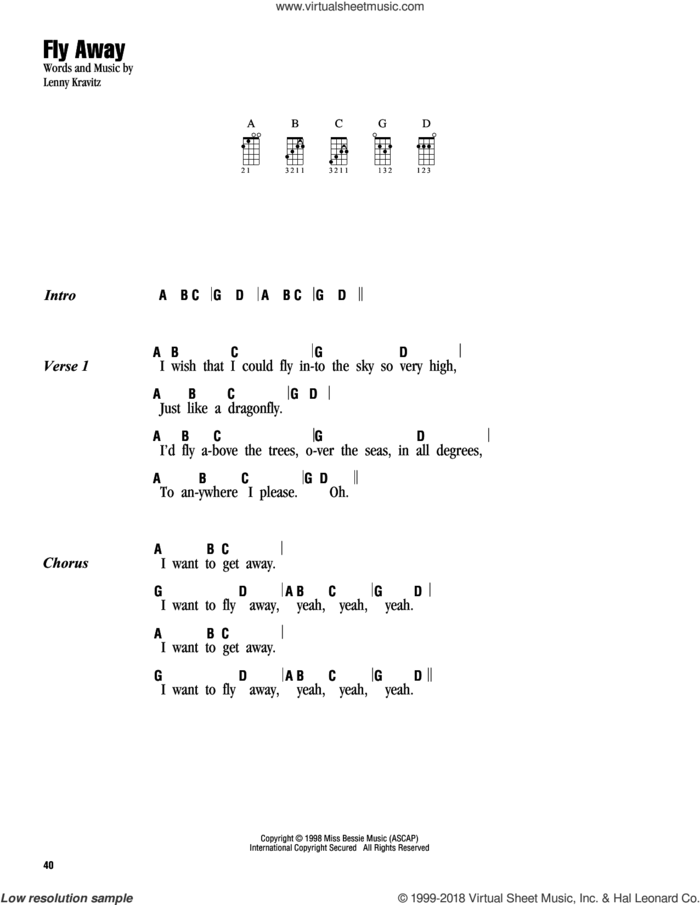 Fly Away sheet music for ukulele (chords) by Lenny Kravitz, intermediate skill level