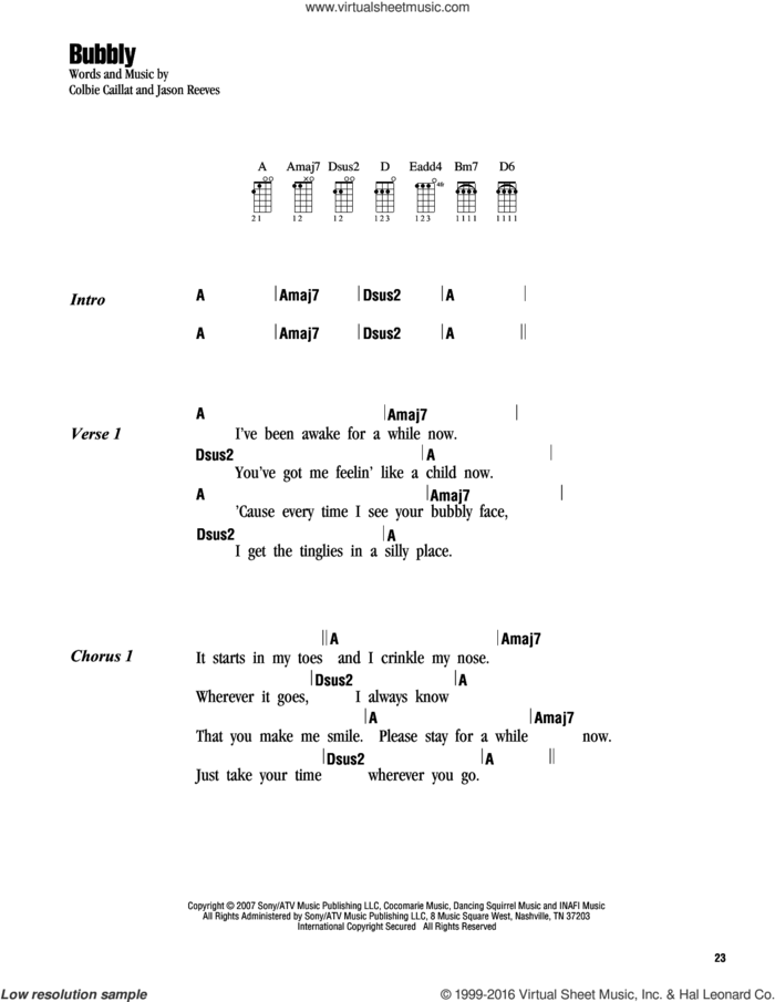 Bubbly sheet music for ukulele (chords) by Colbie Caillat and Jason Reeves, intermediate skill level