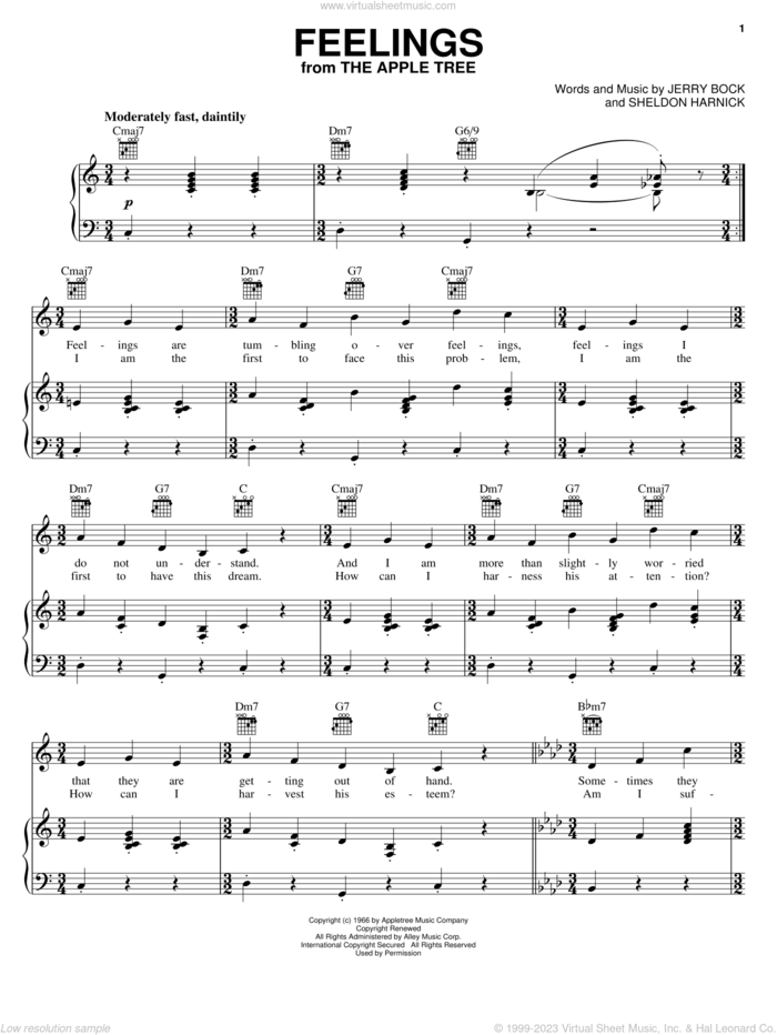 Feelings (from The Apple Tree) sheet music for voice, piano or guitar by Bock & Harnick, The Apple Tree (Musical), Jerry Bock and Sheldon Harnick, intermediate skill level