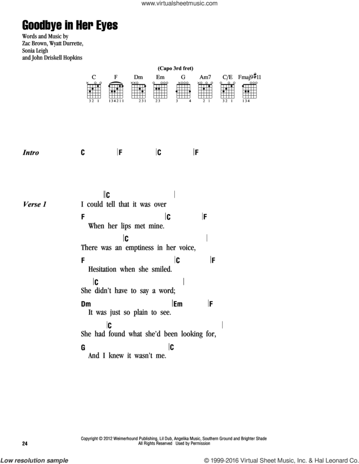 Goodbye In Her Eyes sheet music for guitar (chords) by Zac Brown Band, John Driskell Hopkins, Sonia Leigh, Wyatt Durrette and Zac Brown, intermediate skill level
