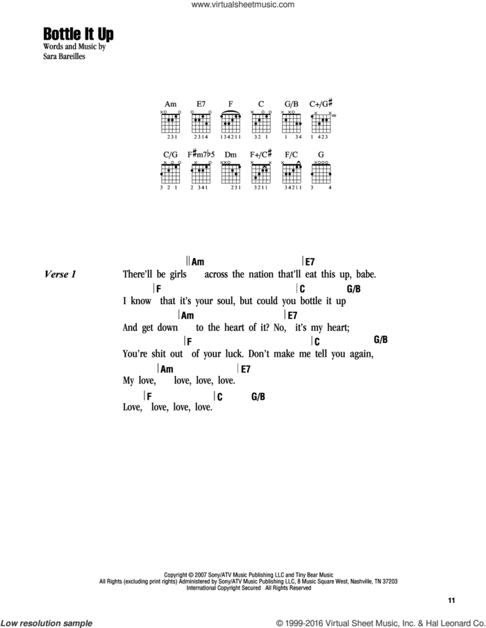 Bottle It Up sheet music for guitar (chords) by Sara Bareilles, intermediate skill level