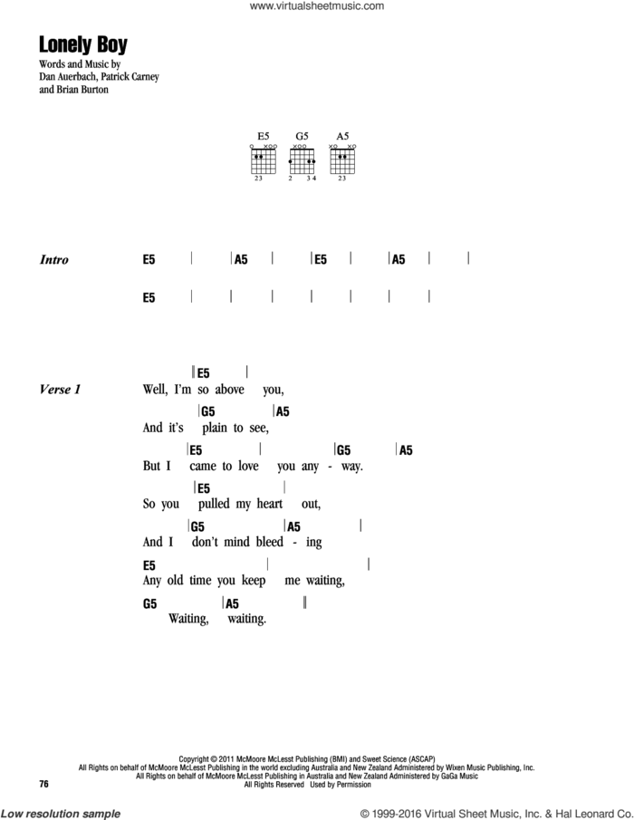 Lonely Boy sheet music for guitar (chords) by The Black Keys, Brian Burton, Daniel Auerbach and Patrick Carney, intermediate skill level